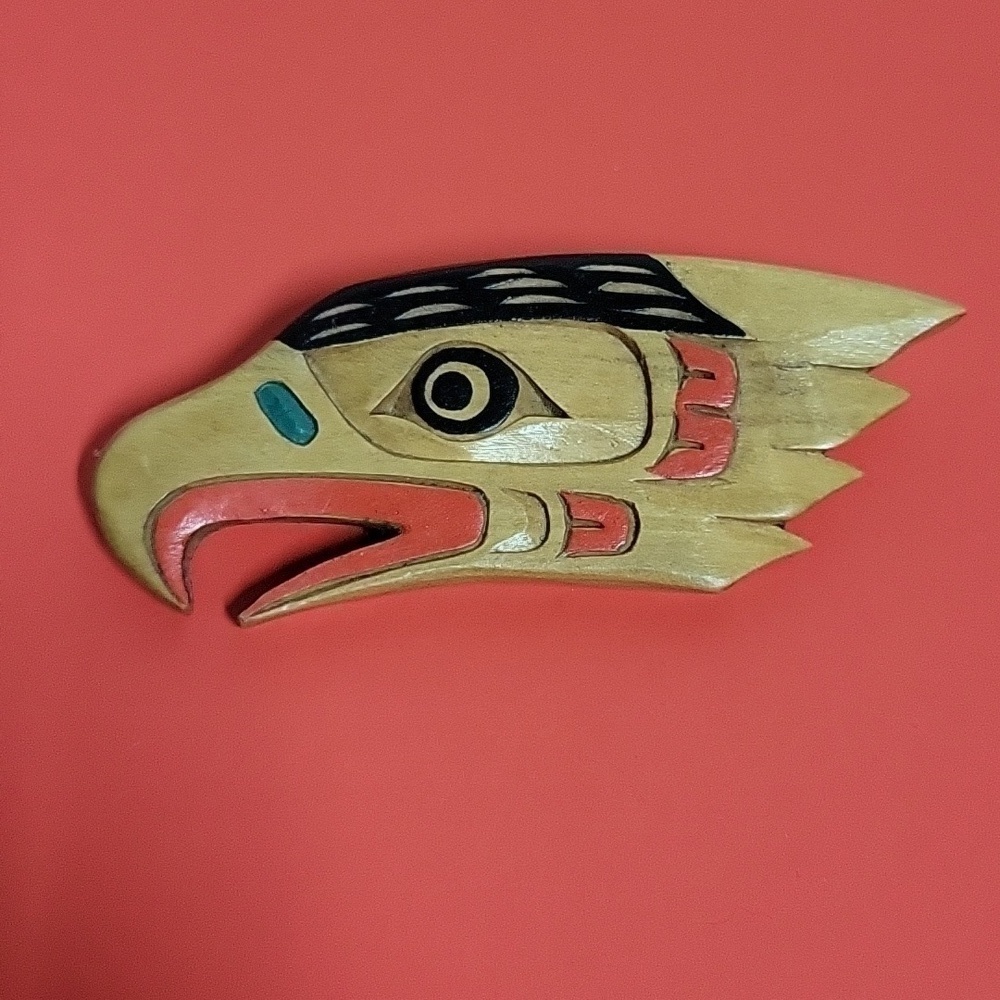 Signed Northwest Coast Hand-Carved Eagle Pin/Brooch by Artie George, Canada